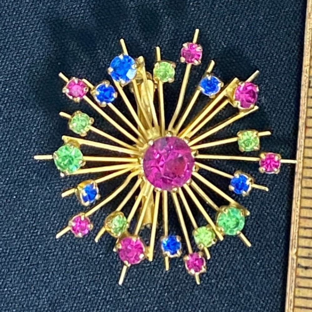 Gold Tone Starburst Brooch Pin Rhinestone Pink‎ Green Blue Rhinestones